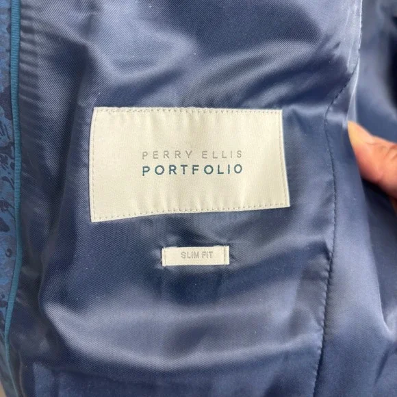 Perry Ellis Portfolio 38R Blue Floral Jacquard Two Button Blazer Jacket Men Slim - Picture 10 of 11